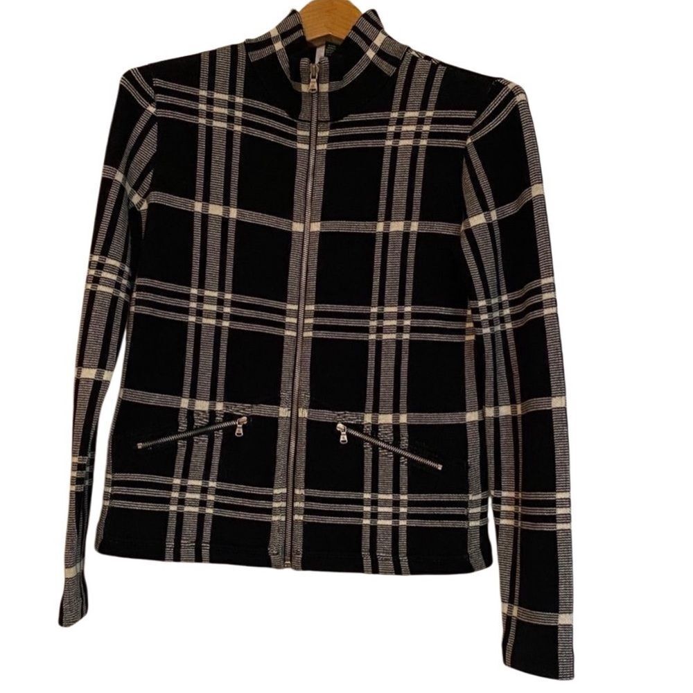 NWOT Ralph Lauren Academia Black Ivory Plaid Cotton Zip Relaxed Blazer Jacket S